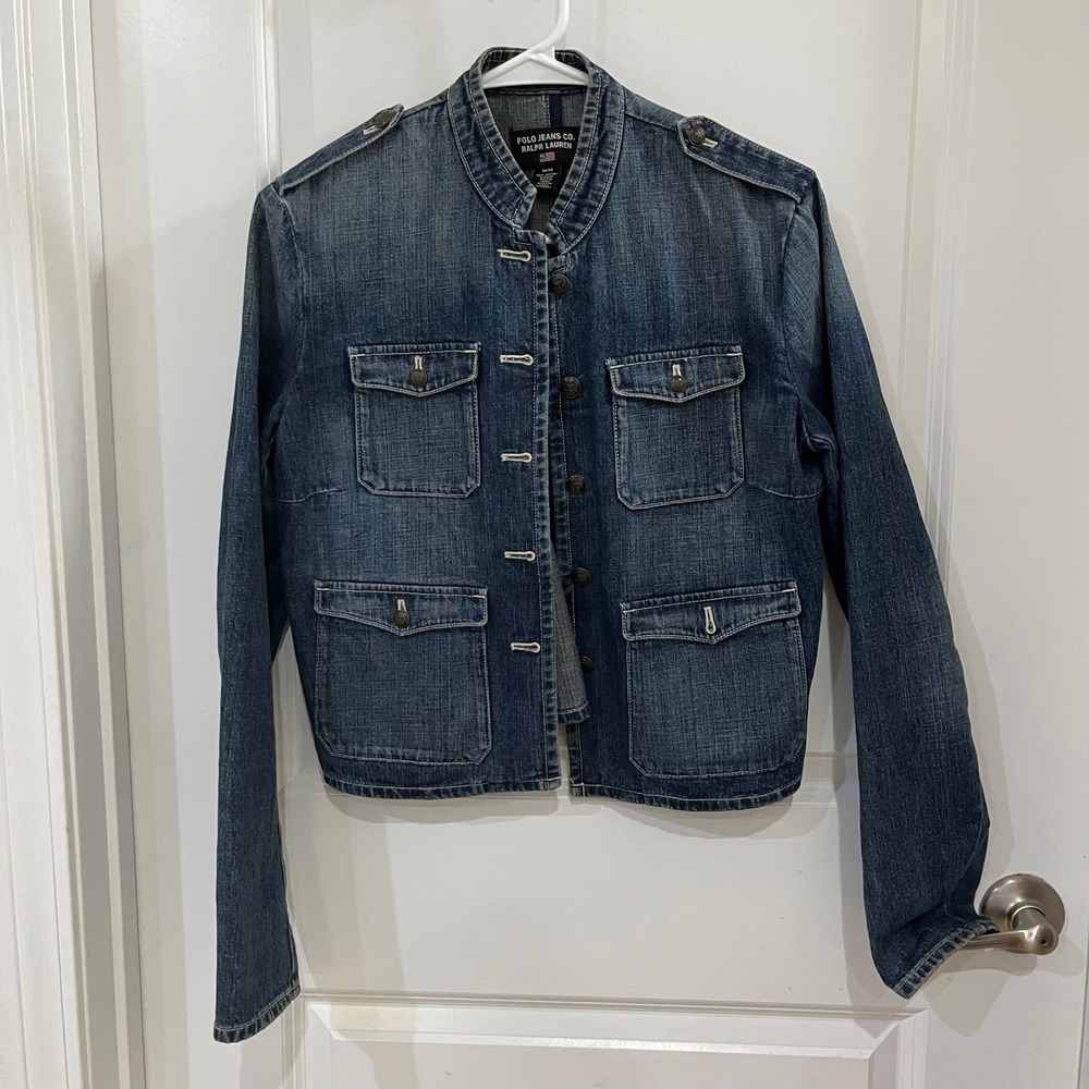 VTG Polo Jeans Co Ralph Lauren Denim Military Jacket Medium Wash Anchor Button M